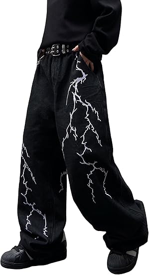 DFGIGT Men's Hip-hop Embroidered Baggy Jeans Loose Fit Denim Black Trousers